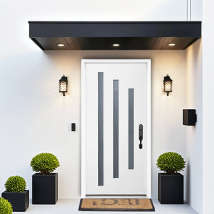 36” x 80” Modern Fiberglass Entry Door with 3-Lite Frosted Low-E Glass, 4-9/16” White Frame and Brickmould