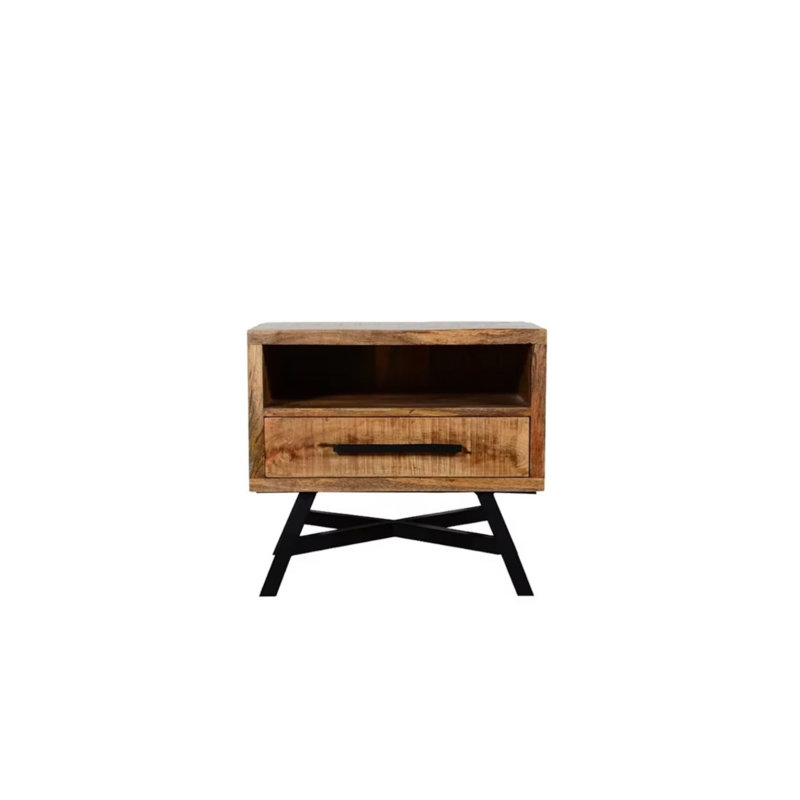 Table de chevet en bois de manguier avec tiroir et tablette de rangement ouverte