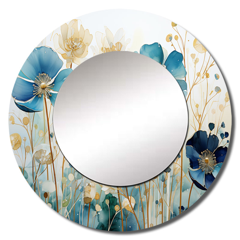 Preslav Blue Botanical Rhythms III - grand miroir botanique, miroir mural rond bleu, impression sur métal, 36 po x 36 po