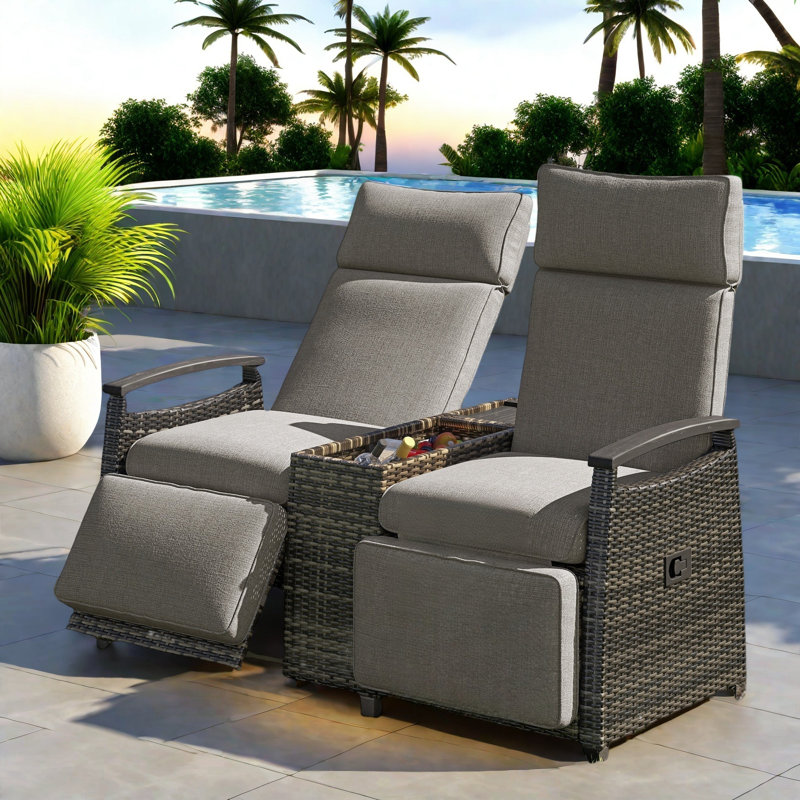 Patio Wicker Outdoor Lounge Chair Set With Adjustable Backrests And Built-in Storage Table, Brown
