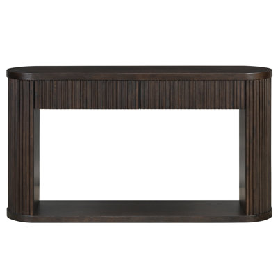 Oval Fluted Console Table with 2 Drawers and Bottom Shelf, Wood Entryway Table with Smooth Metal Slides for Living Room, Entryway