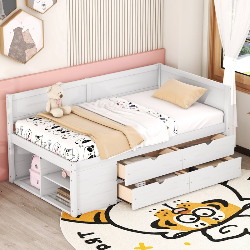 Lit de jour avec tiroirs et tablettes, Simple, Blanc