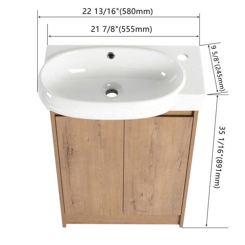 23" Freestanding Single Bathroom Vanity with Ceramic Top，Floor Standing Vanity with 2 Soft Close Doors and 1 Adjustable Shelf