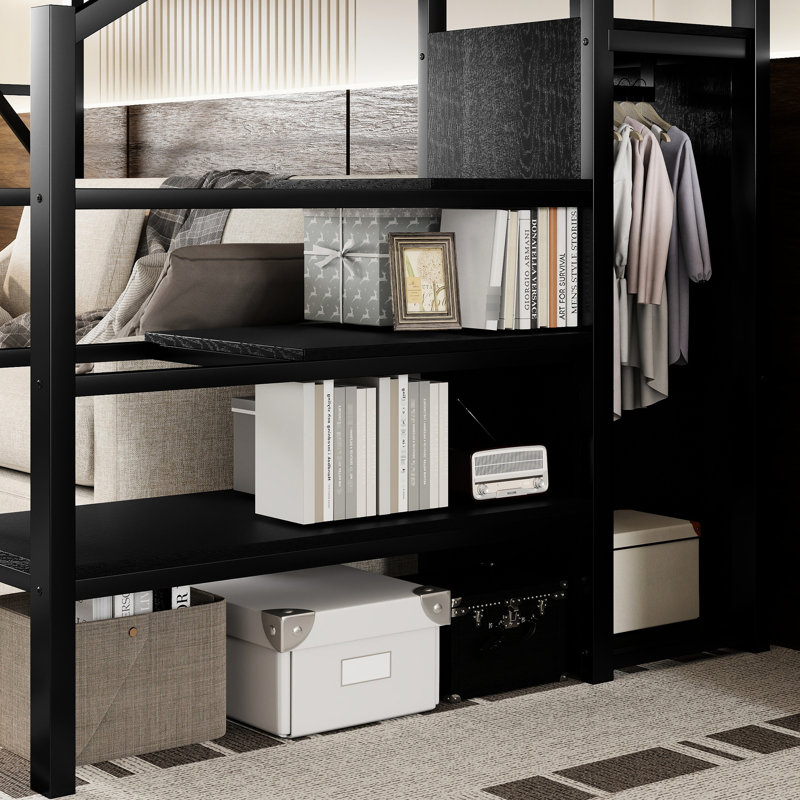 Lit mezzanine simple TG en métal noir, avec escalier à droite, tablettes de rangement et garde-robe pour les tablettes en métal