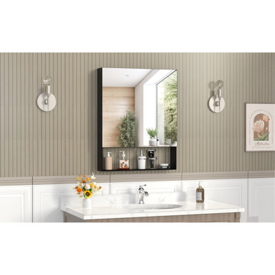 Miroir de salle de bain mural 24 po x 30 po et rangement mural, cadre en aluminium, noir, tablettes réglables pour l'organisation avec armoire de rangement, alliage, étagères