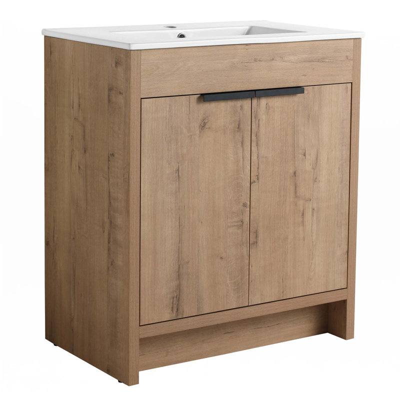 Meuble-lavabo autoportant avec lavabo en céramique, Blanc, Chêne