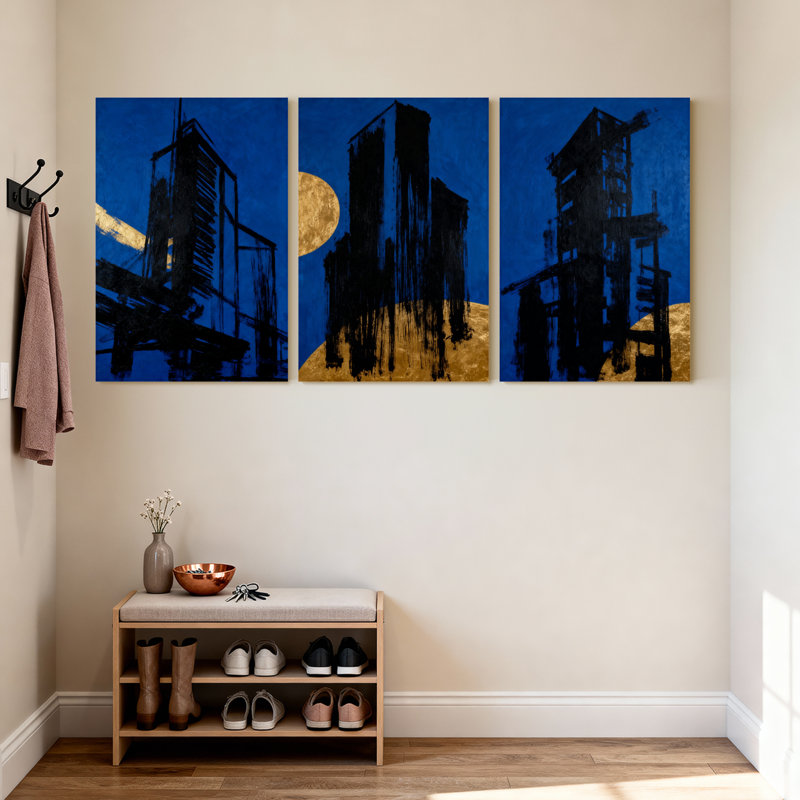 Abstrait, ciel bleu, lune, silhouettes, bâtiments industriels, reflets, scène de nuit, ensemble de 3 impressions sur toile