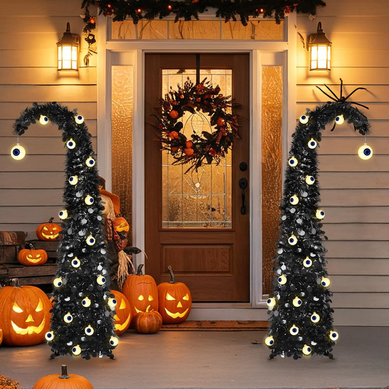 Arbre de Noël d'Halloween 5 pi noir, guirlande de globes oculaires, guirlande de sapins décoratifs d'intérieur pliable pour la fête d'Halloween