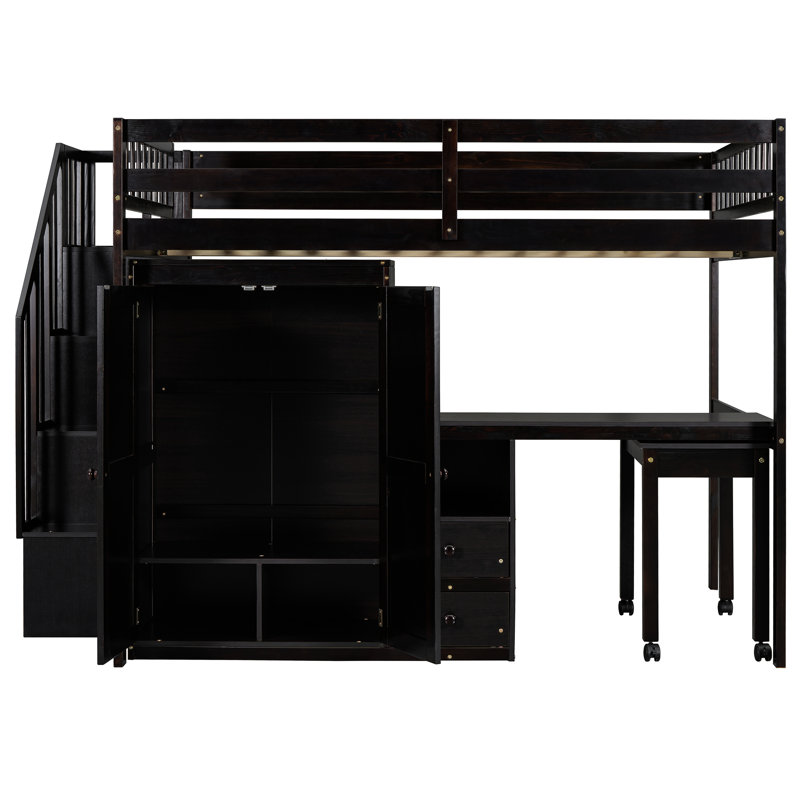 Lit mezzanine double avec escalier, bibliothèque, tiroirs, bureau et garde-robe - et espace pour la chambre à coucher