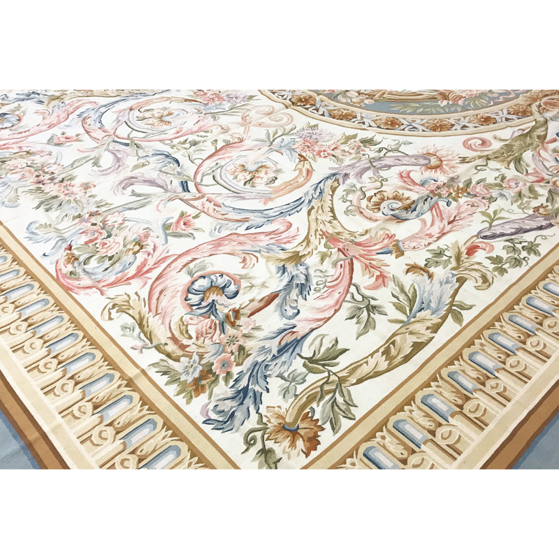 Tapis ivoire et doré de haute qualité noué à la main