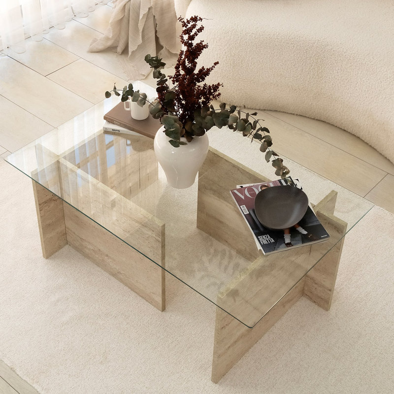 Glorias Coffee Table, Traverntine, 40" H x 105" W x 65" D