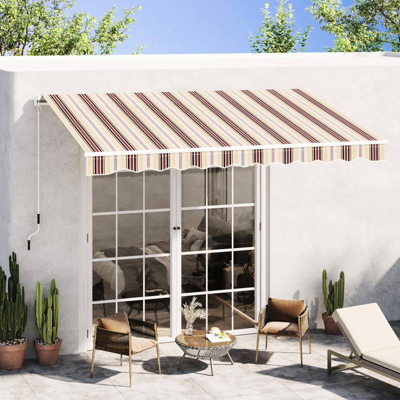Patio Awnings 13' X 8' - Retractable, & Water-, Manual Crank, Aluminum Frame, Red Stripes For Deck Yard Sunshade Shelter Retractable Awning, Water Resistance,