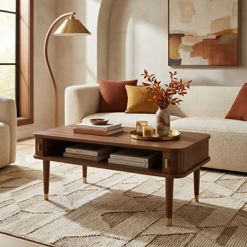 Table basse en noyer de 39 po avec rangement Mid-Century et quincaillerie de style laiton Corrigan Studio Mandea