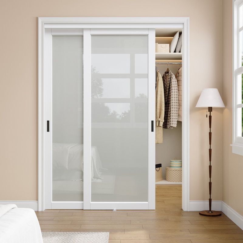 60"x 80" White 1-Panel Frosted Glass Sliding Door with Hardware Kit And Black Upgrade Handles for Closet and No Assembly Required For Closet,Pantry,Living room