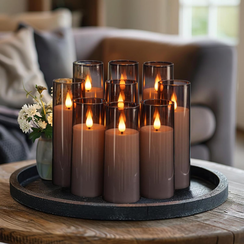 Grey Flameless Candles 9 Set, Battery Operated Candles With Remote Control And Timer, Flickering Led Pillar Candles For Home Halloween Decor, 3d Wick, Warm Yellow Light, D2.2 Xh5 6" 7"