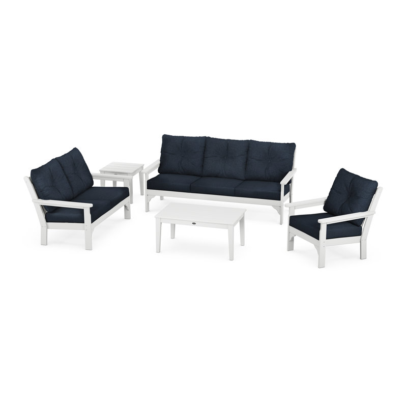 Vineyard 5 Piece Deep Seating Set, White, Marine Indigo