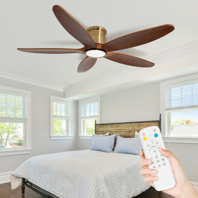 52in. Dimmable LED Indoor Brown Blade and Gold Top Flush Mount Ceiling Fan with Light and 6-Speed Remote