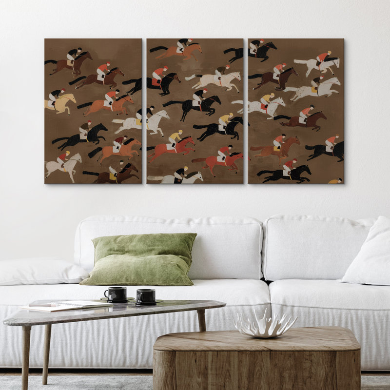 «Vintage Racehorse Riders Pattern Triptych», reproduction d'art sur toile encadrée 3 pièces, Toile tendue