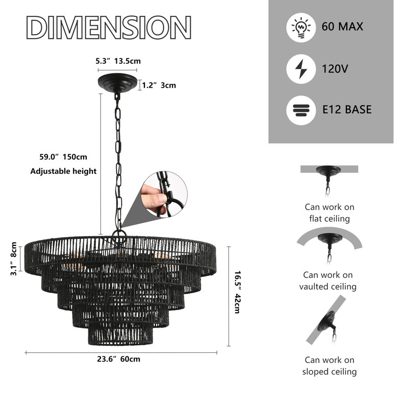Jonas 5-Tier Woven Rope Pendant Chandelier with Adjustable Height (Bulb Not Included)