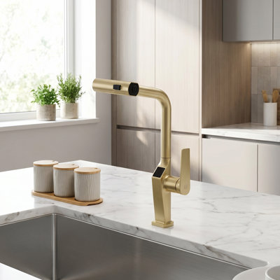 Robinet de cuisine rétractable à poignée simple avec affichage DEL, douchette extractible 3 fonctions et robinet d'évier de cuisine pivotant à 360 °