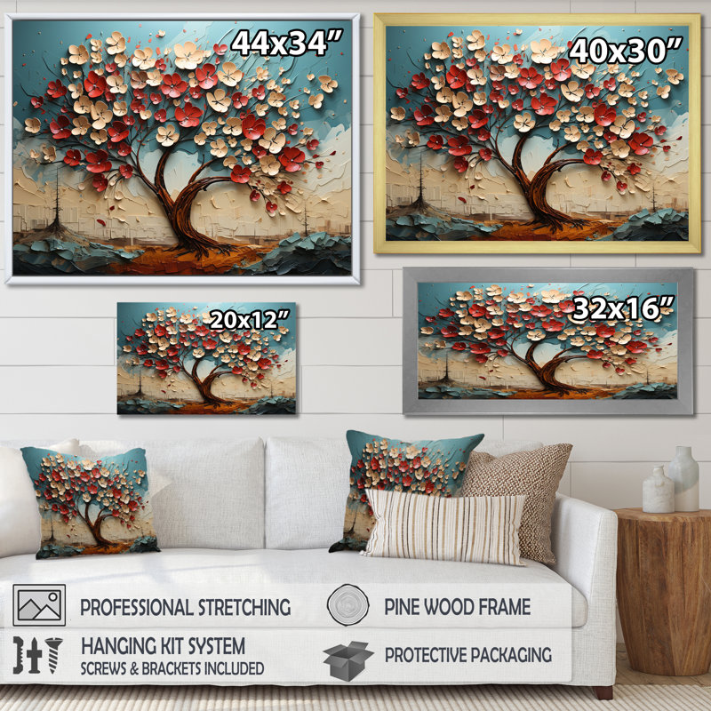 Arbre de fleur rouge et or au clair de lune beauté III - arbre, art mural, Cadre flottant noir, H 16 po x l 32 po x P 1 po