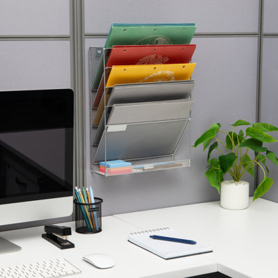 5-Tier Vertical File Storage, Desktop Organizer, Wall Mount, Office, Metal Mesh, 12.75"L x 4"W x 16"H by Inbox Zero