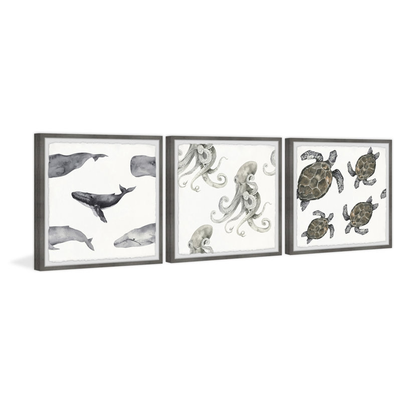 Todmorden Whales And Octopus by Marmont Hill - 3 Piece Single Picture Frame Painting Set, 81cm H x 81cm W x 3.81cm D