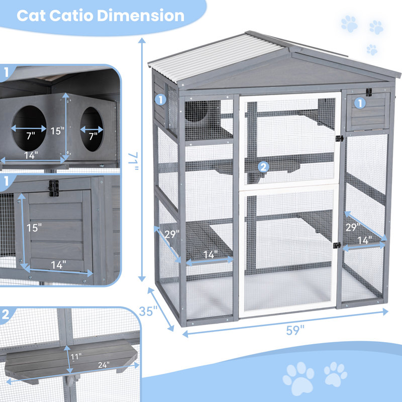 Catio Outdoor Cat Enclosure , Outdoor Cat House with Large Front Door + Two Enter Door,59"L x 35"W x 71"H,Grey