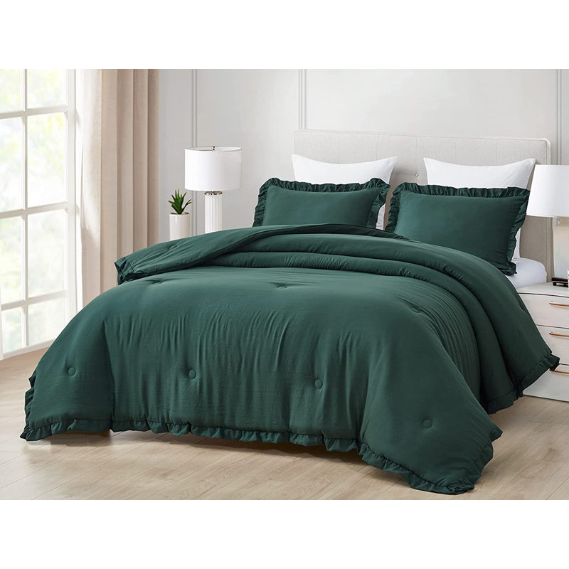 Nora Washed Microfiber Ruffled Comforter Set, Full Comforter + 2 Standard Shams, Emerald