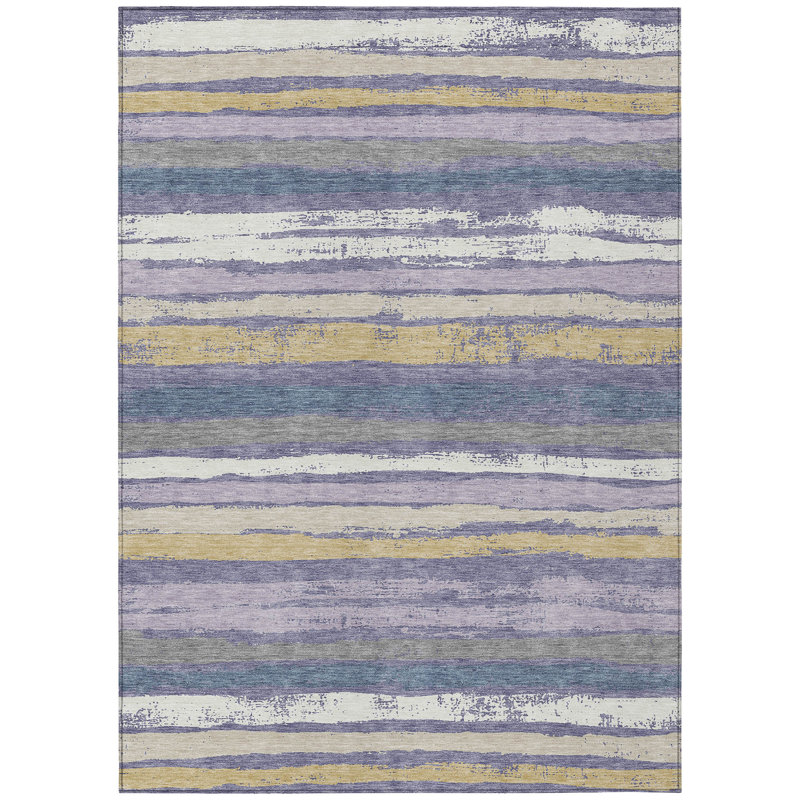 Purple and Beige Striped Synthetic Washable Rug