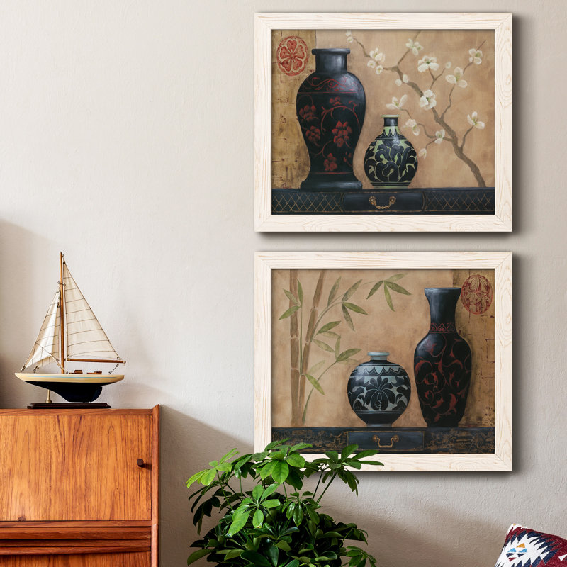 Asian Calm I - ensemble de 2 peintures sur toile encadrées, H 20 po x l 34 po x P 1,5 po, Cadre blanc