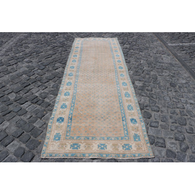 Vintage Turkish Beige Runner Rug - Antique Distressed Anatolian Boho Rug for Hallway
