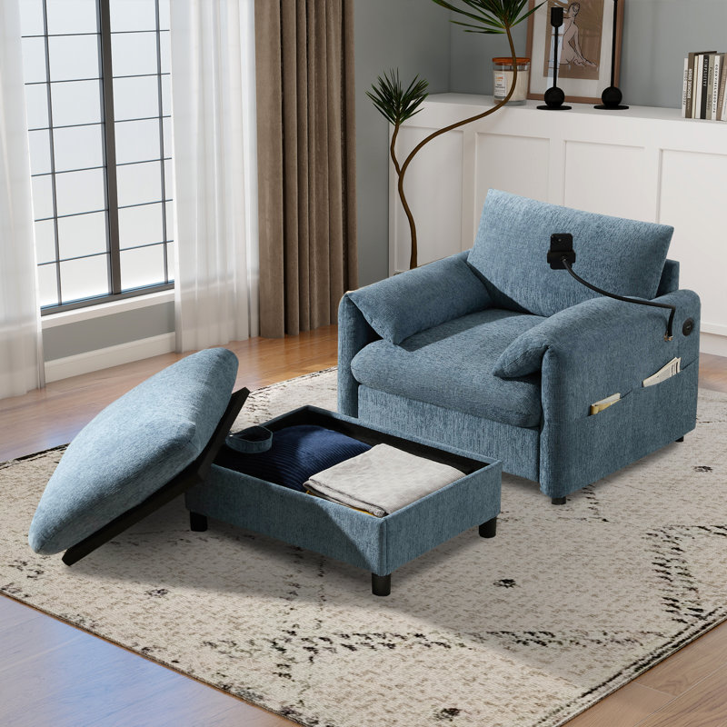 Chaise Lounge Chair Indoor With Storage Ottoman,Chenille Sofa With Usb Port,Cup Holders&Side Pockets, Blue