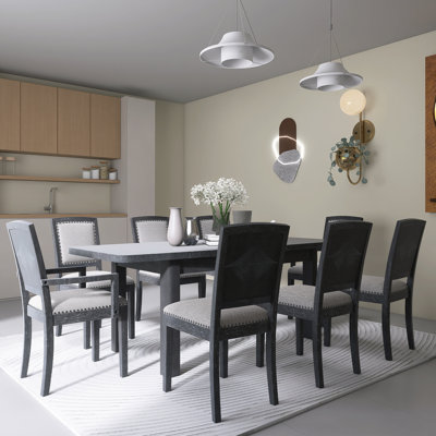 Rustic Extendable 84 Inch Dining Table Set With 24Inch Removable Leaf , 6 Upholstered Armless Dining Chairs And 2 Padded Arm Chairs, 9 Pieces, Black