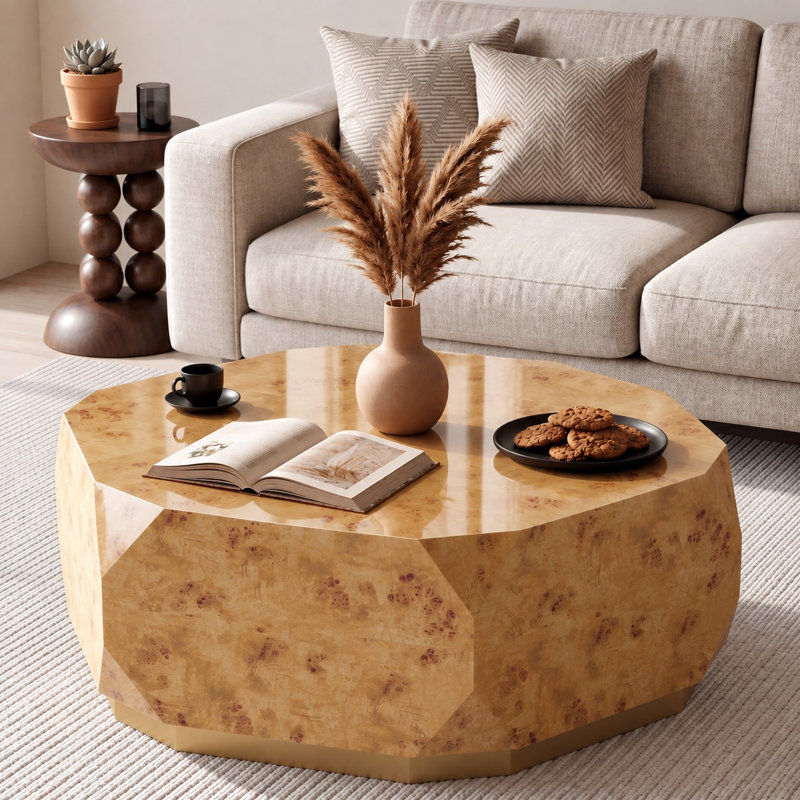Table basse en bois massif 39 po, 13.9"Hx39.4"Wx39.4"D, Beige