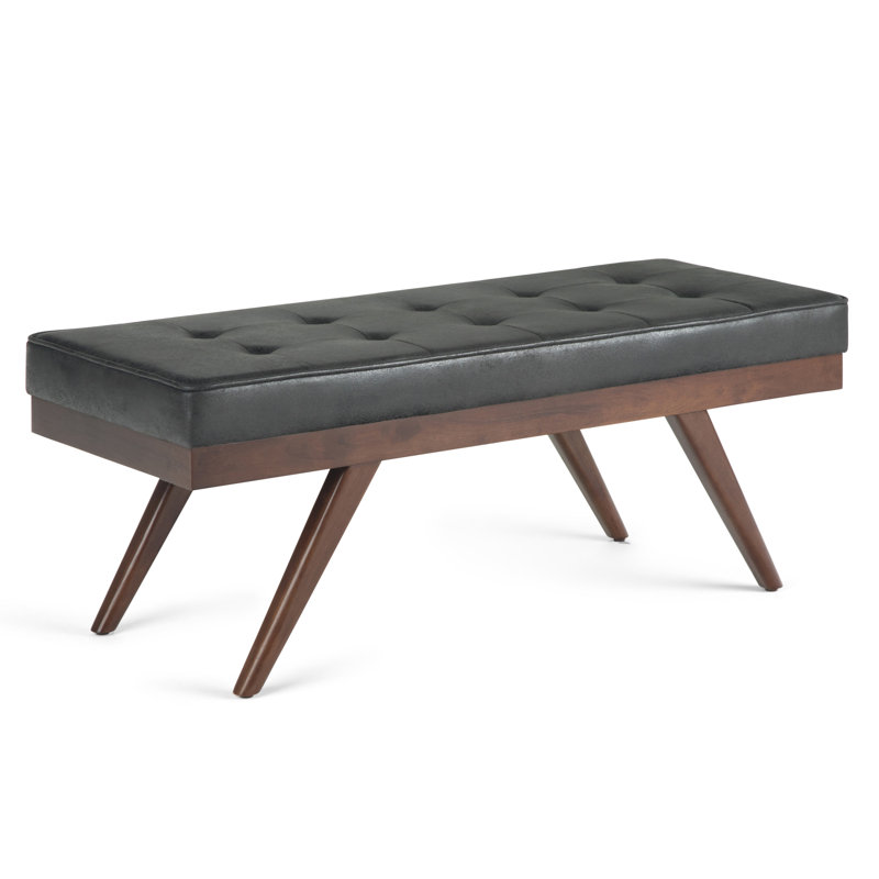 Pierce 48"W Mid-Century Modern Button Tufted Ottoman Bench with Solid Wood Frame, Distressed Black