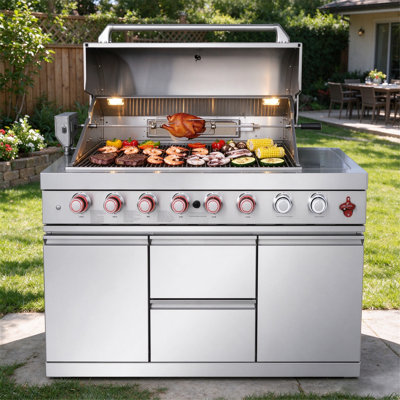Îlot de cuisine extérieure avec barbecue à gaz de 147 cm (58 po), 6 brûleurs, 96 000 BTU, acier inoxydable, ensemble de rôtisserie, boutons de commande à DEL, tiroirs de rangement et roulettes pivotantes à 360° pour terrasse et jardin.
