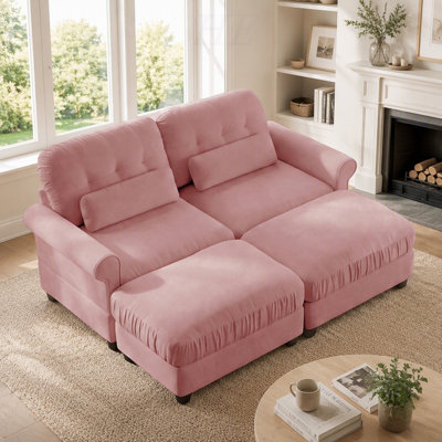 Canapé d'angle modulable deux places en chenille avec 2 poufs, coussin d'assise à bord volanté, accoudoirs arrondis et coussins lombaires, assise moelleuse et confortable pour appartement, salon, salon, rose