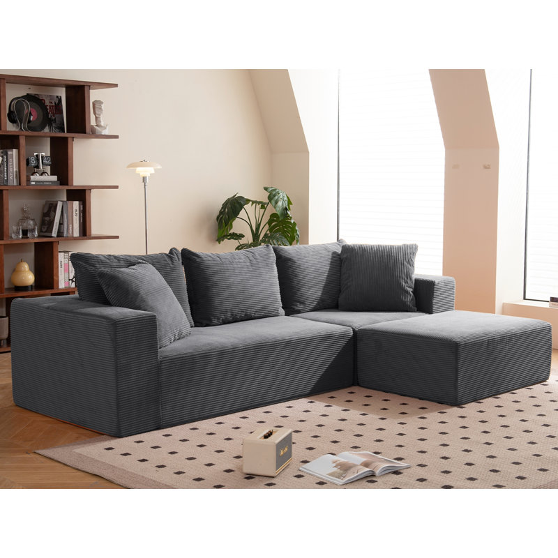 Canapé modulaire Boneless de 108 po avec méridienne en forme de L et sans assemblage requis, Velours côtelé gris