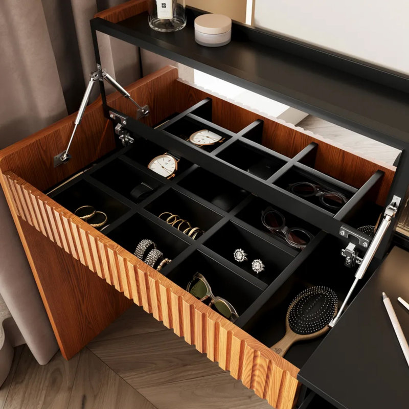 98.4-Inch Convertible L-Shaped Extendable Vanity Table, Featuring A Flip-Up Mirror, 6 Large Storage Drawers And 1 Small Storage Drawer, Glass Doors, And An Additional Shelf With Built-In LED Lighting