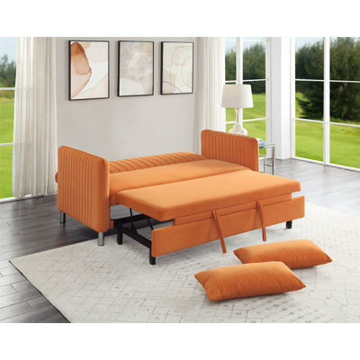 Aniya Convertible Studio Sofa With Pull-Out Bed And Pillows, Velvet Upholstered, Metal Feet, Modern Living Room Furniture