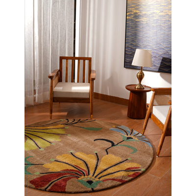 Styles Hand Tufted Wool Eco-Friendly Area Rugs - Round, Camel Color, Floral Modern Design, High Pile Thick Handmade Anti Skid Area Rugs for Living Room, Bed Room