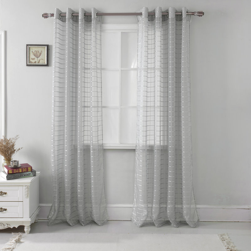 Jardine Plaid Stripe Sheer Window Curtain Panel, Blush