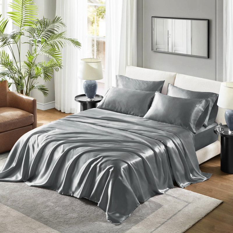 Ensemble de draps 4 pièces en satin de luxe gris - froissé, réduit les frisottis, 1 drap plat, housse l 39 po x l 75 po + casse de 14 po