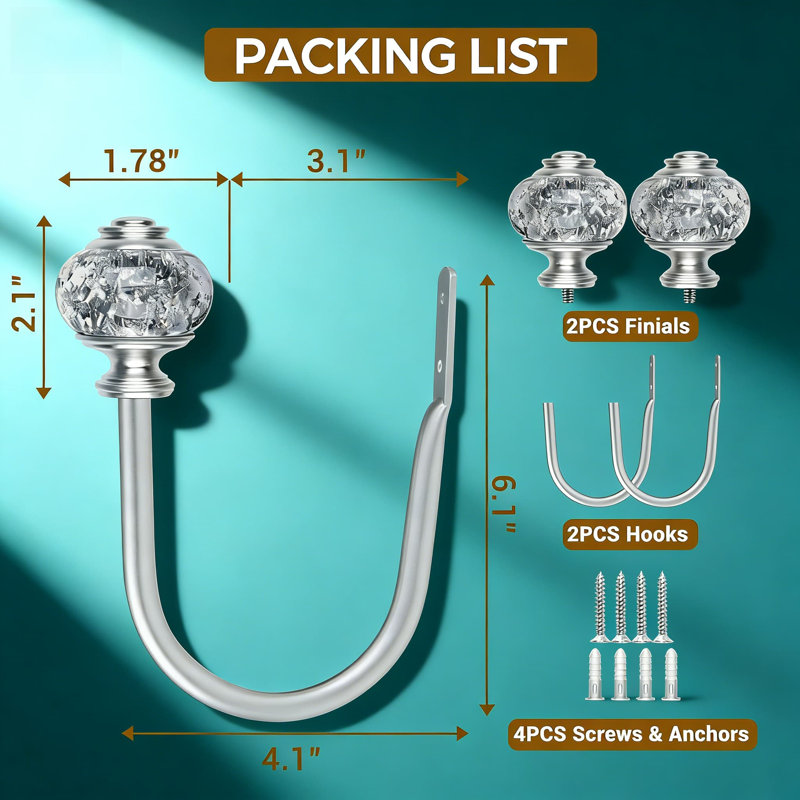 Retenues de rideaux décoratives avec fleurons en cristal, crochets de fixation pour draperie pour le mur, quincaillerie de fixation incluse, paquet de 2