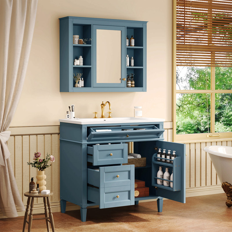 Meuble-lavabo 36 po avec armoire à pharmacie, armoire de rangement moderne avec 2 portes à fermeture douce, meuble-lavabo simple