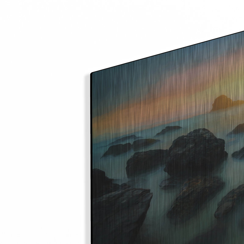 Dovecove «Misty Sunset on Indian Beach Oil Paint» par Rick Berk, art mural en métal