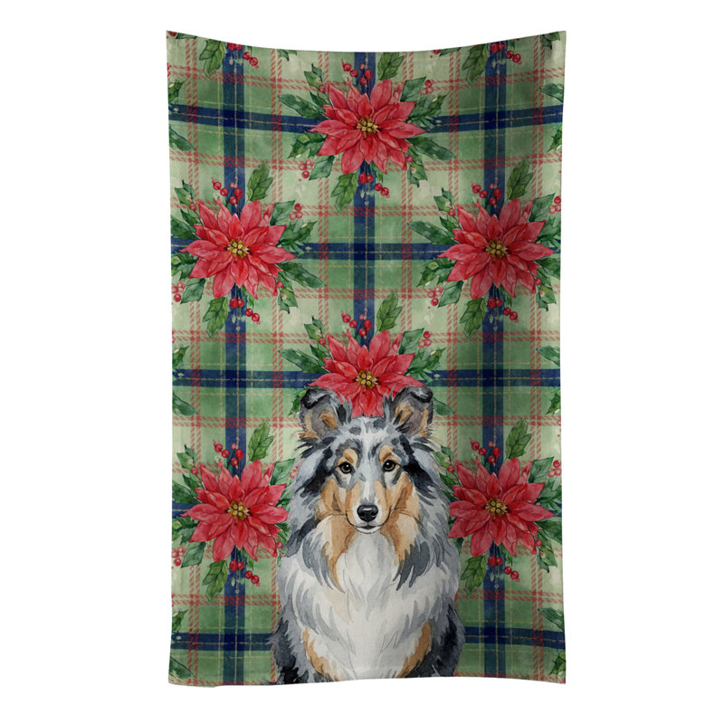 Blue Merle Sheltie Christmas PoinsettIas Kitchen Towel, Blue Merle Sheltie