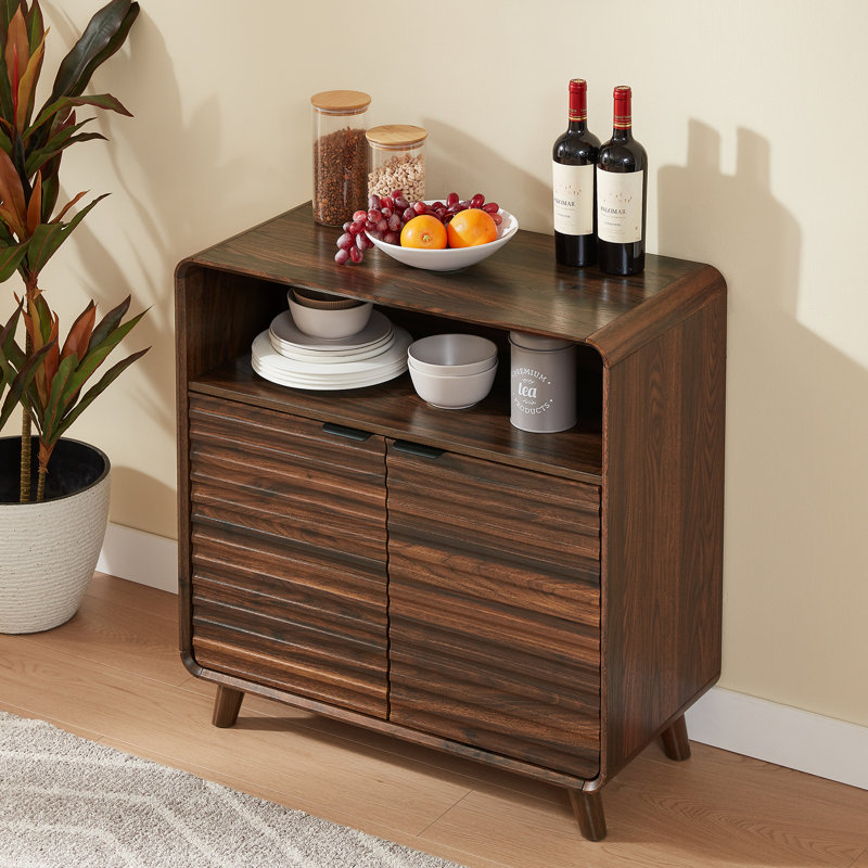 31.5" Curved-Edge 2-Door Buffet With Open Shelves And Grooved Trim Finish For Dinning, Kitchen, Brown