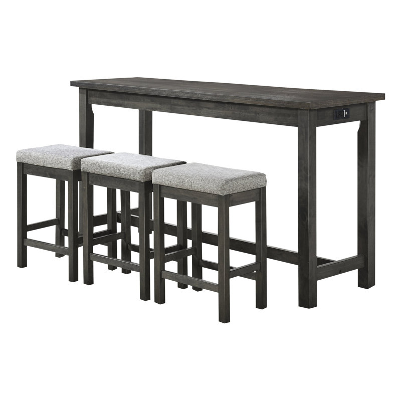 Table de salle à manger 4 pièces à hauteur de comptoir grise avec tiroir et 3 tabourets en tissu d'ameublement intégré en bois